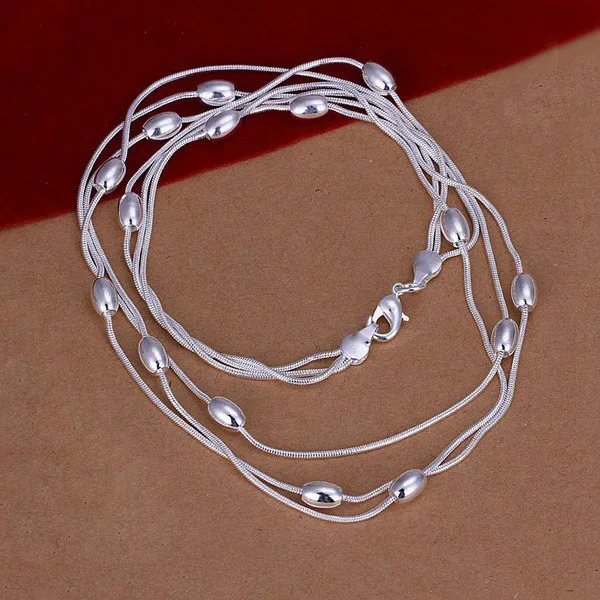 Charm 925 Sterling Silver Bracelets necklace Jewelry set for women Fringed oval beads Chain 18 inch Fashion Party Christmas Gift