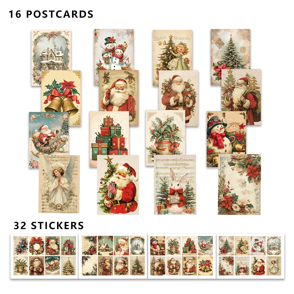 48pcs, Retro Christmas Postcard Set - with Stickers, Christmas/Anniversary Gifts, Collectibles, Suitable for Gift-Giving.