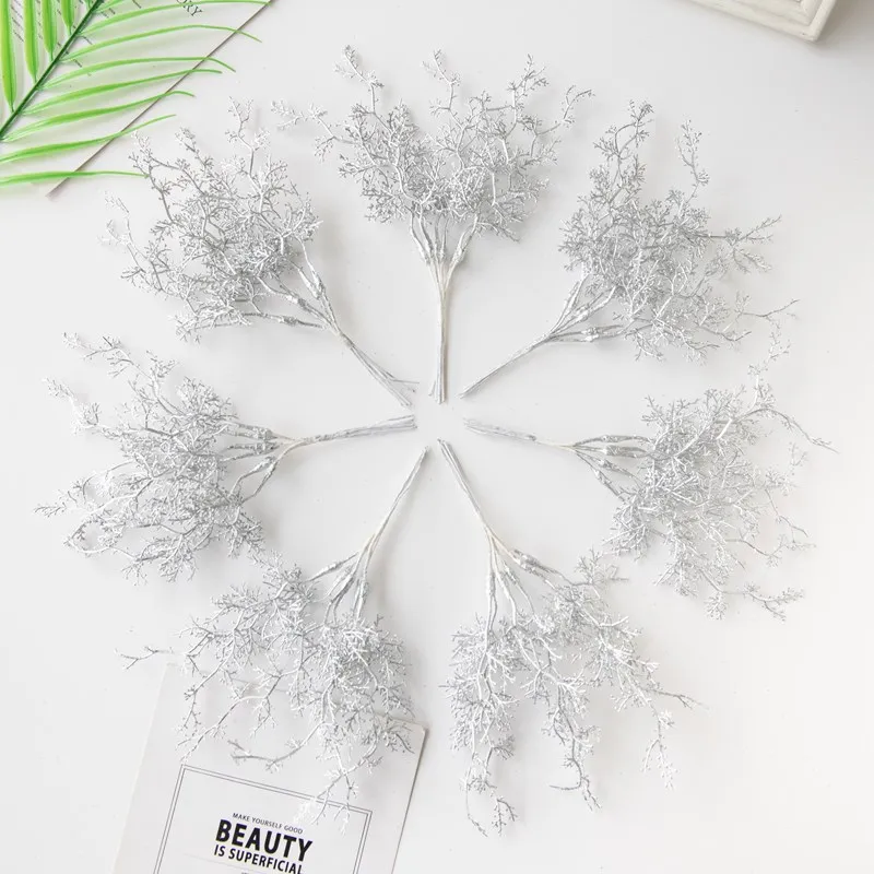 6Pcs Artificial Plants Golden Silvery Branch For Home Windowsill Bonsai Christmas Tree Wreaths Accessory Wedding Arch Decoration