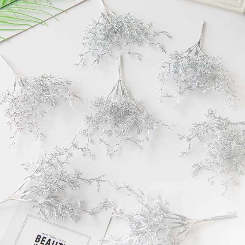 6Pcs Artificial Plants Golden Silvery Branch For Home Windowsill Bonsai Christmas Tree Wreaths Accessory Wedding Arch Decoration