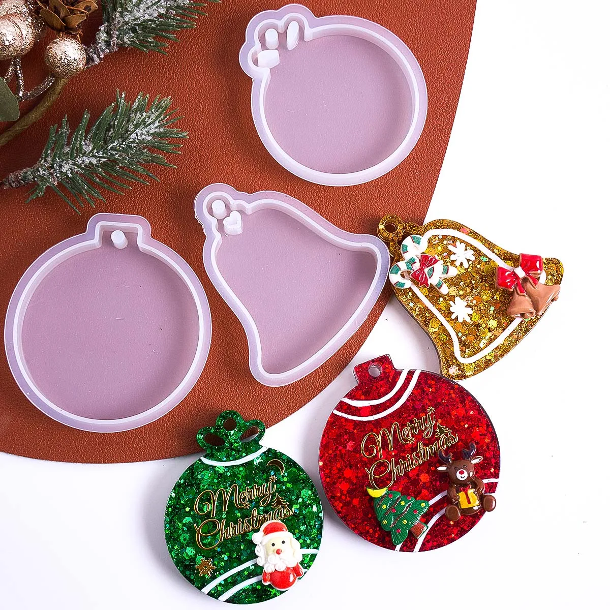 Xmas Tag Pendant Silicone Mold DIY Handmade Round Bell Keychain UV Epoxy Resin Plaster Craft Casting Molds Christmas Tree Decor