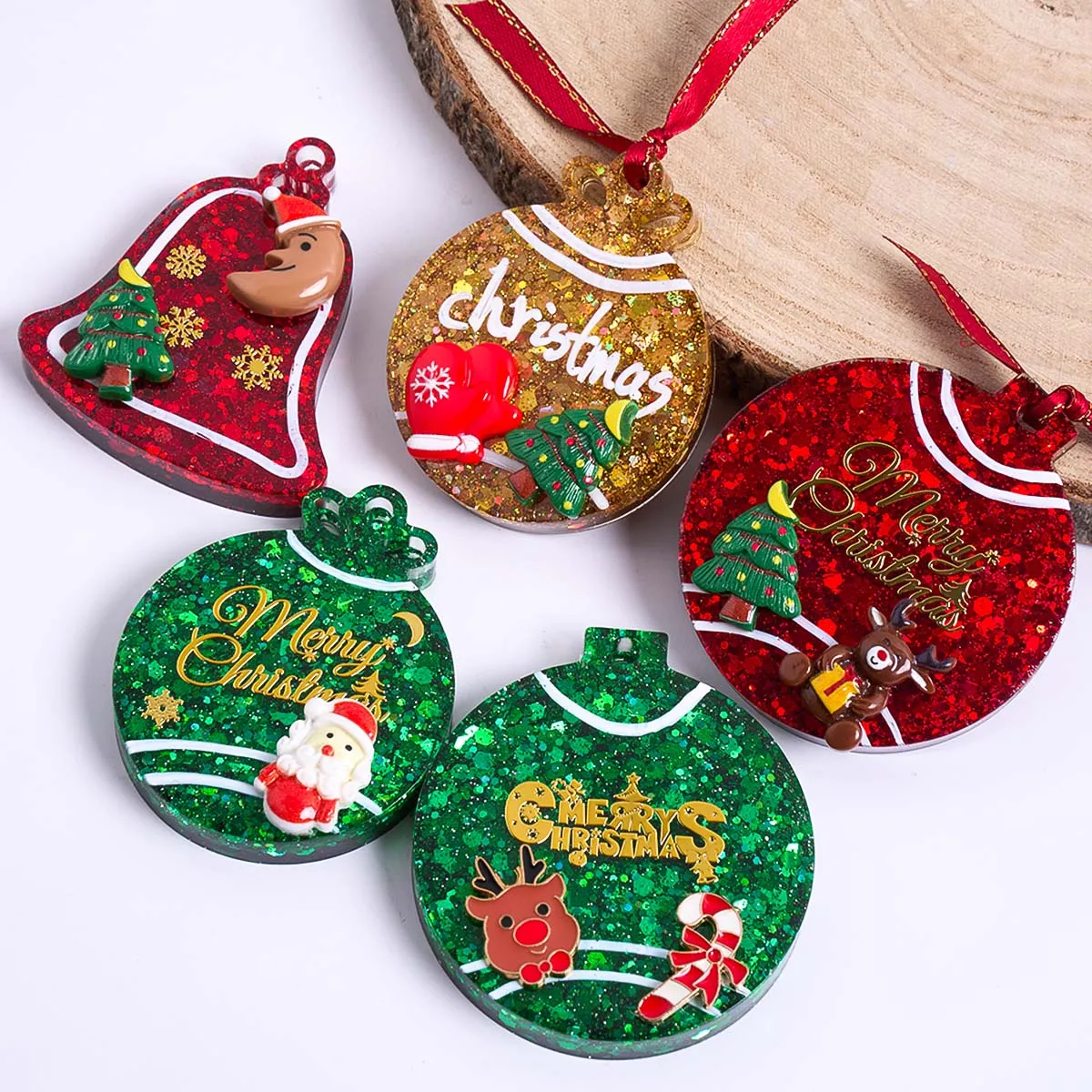 Xmas Tag Pendant Silicone Mold DIY Handmade Round Bell Keychain UV Epoxy Resin Plaster Craft Casting Molds Christmas Tree Decor