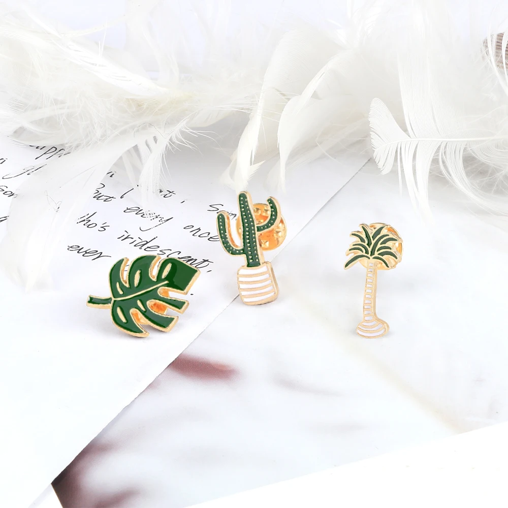 Simple Cartoon Green Plants Brooches Pins Coconut Trees Mexican Cactus Maple Leaf Christmas Tree Metal DIY Button Badges Jewelry