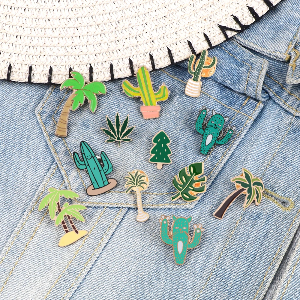 Simple Cartoon Green Plants Brooches Pins Coconut Trees Mexican Cactus Maple Leaf Christmas Tree Metal DIY Button Badges Jewelry
