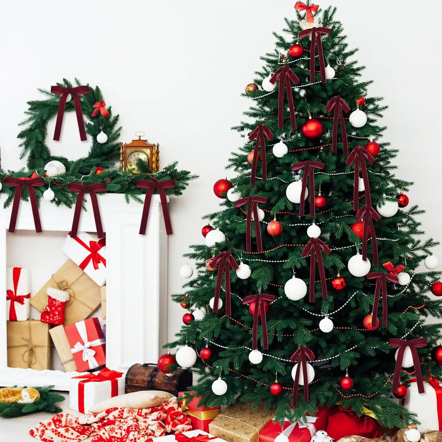 24 Pcs Velvet Bows Christmas Tree Ornaments Vintage Velvet Ribbon Bows for Tree Garland Wreath Indoor Xmas Decorations