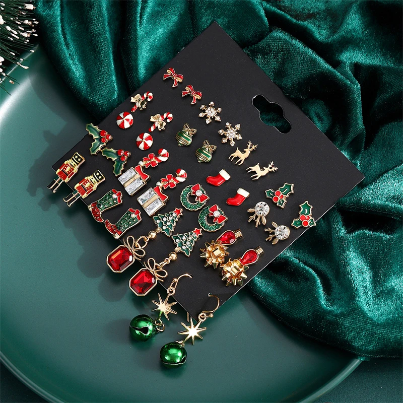 12/20 Pair Christmas Earring Set For Women Shiny Crystal Zircon Snowflake Elk Bowknot Elk Xmas Tree Earring New Year Gifts