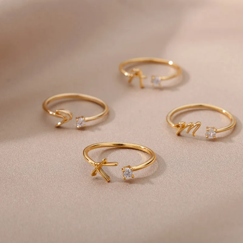 Zircon Tiny Initial Letter Rings For Women Stainless Steel A-Z Letters Adjustable Ring Female Christmas Aesthetic Jewelry Gift