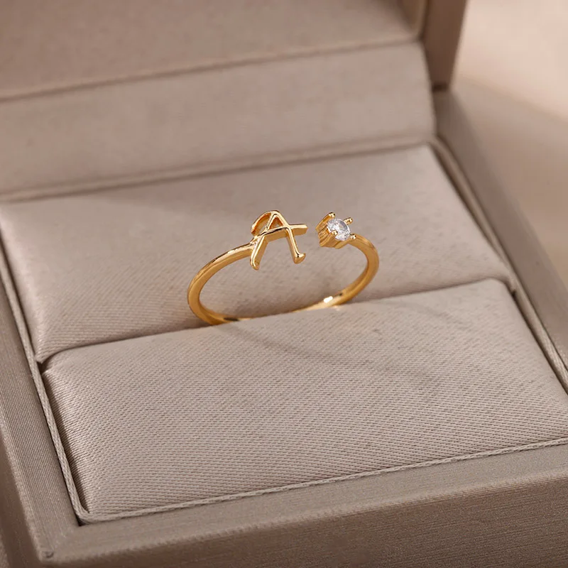 Zircon Tiny Initial Letter Rings For Women Stainless Steel A-Z Letters Adjustable Ring Female Christmas Aesthetic Jewelry Gift
