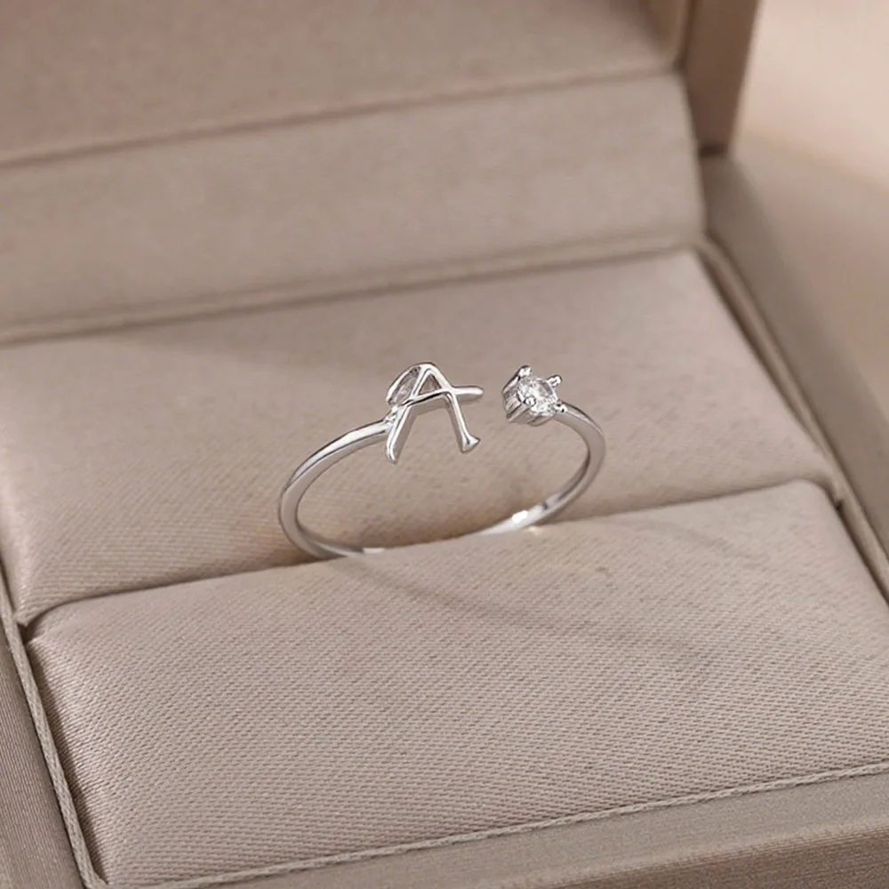 Zircon Tiny Initial Letter Rings For Women Stainless Steel A-Z Letters Adjustable Ring Female Christmas Aesthetic Jewelry Gift
