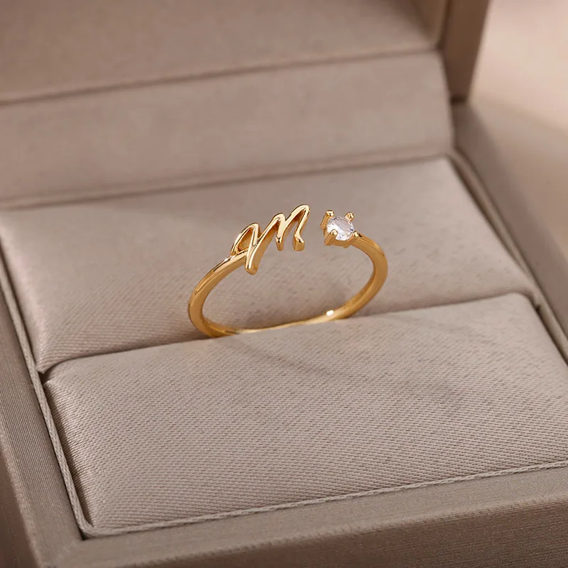 Zircon Tiny Initial Letter Rings For Women Stainless Steel A-Z Letters Adjustable Ring Female Christmas Aesthetic Jewelry Gift