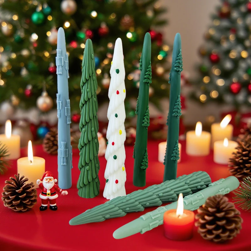 Long Rod Christmas Tree Candle Mold Handmade Aroma Candle Silicone Mould Long Pole Relief Christmas Candle Making Supplies