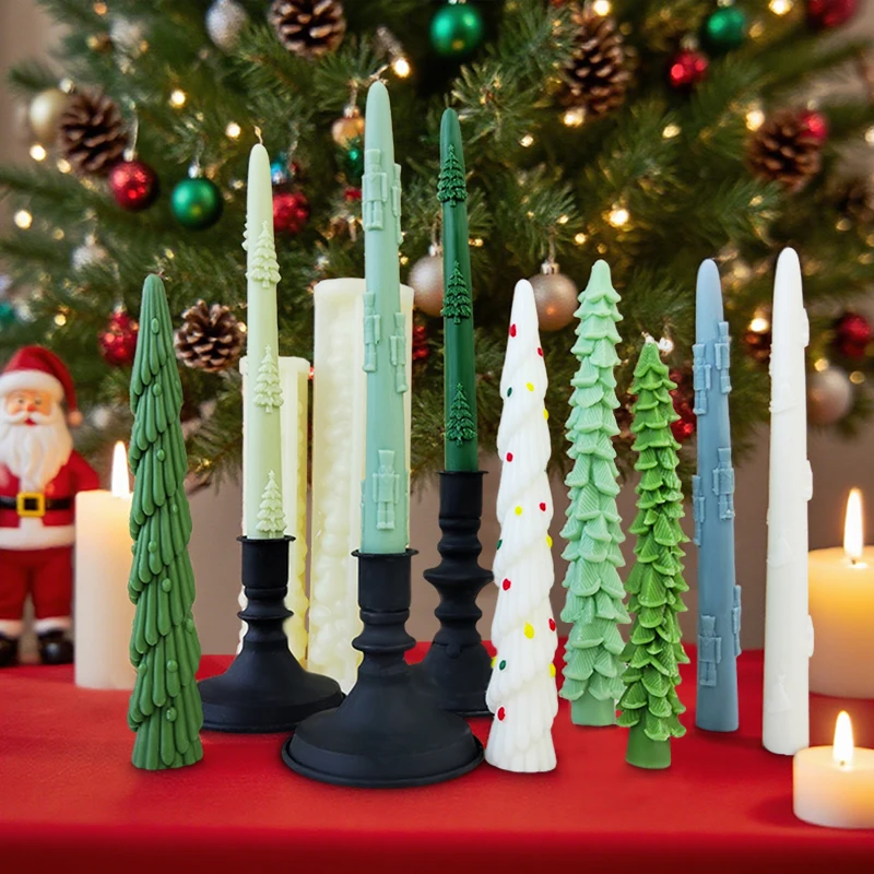 Long Rod Christmas Tree Candle Mold Handmade Aroma Candle Silicone Mould Long Pole Relief Christmas Candle Making Supplies