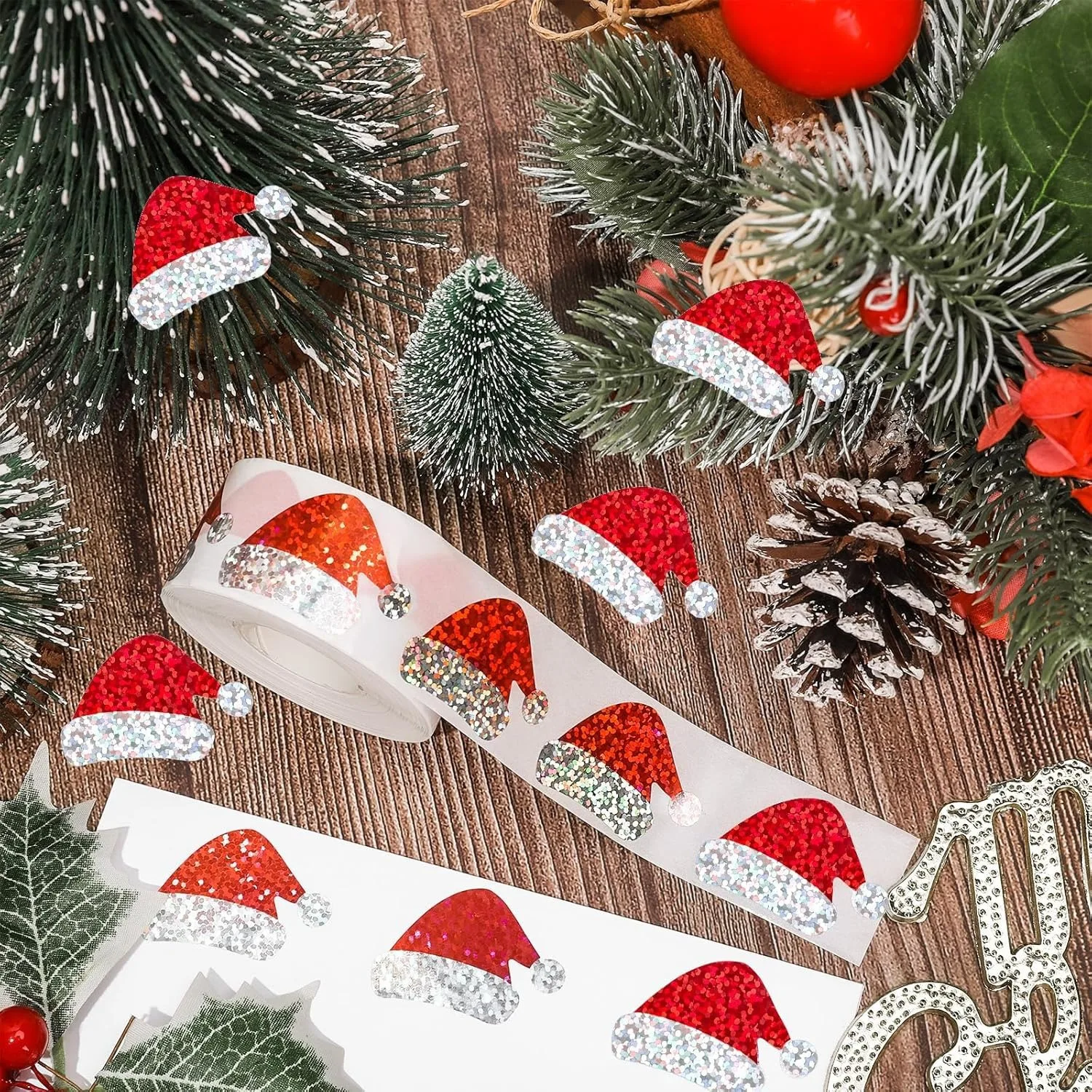 100-500pcs Glitter Red Christmas Hat Stickers Party Christmas Gift Wrapping Label Children Scrapbook Stationery Stickers