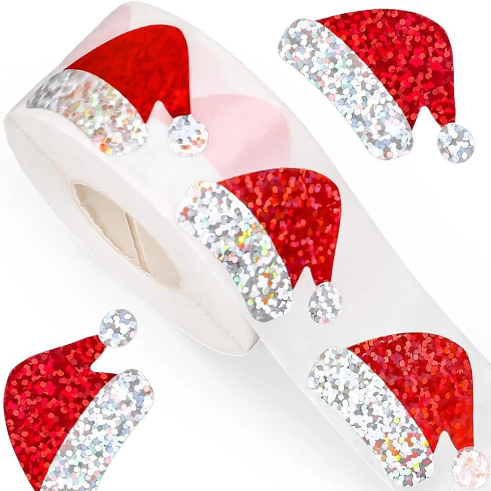 100-500pcs Glitter Red Christmas Hat Stickers Party Christmas Gift Wrapping Label Children Scrapbook Stationery Stickers