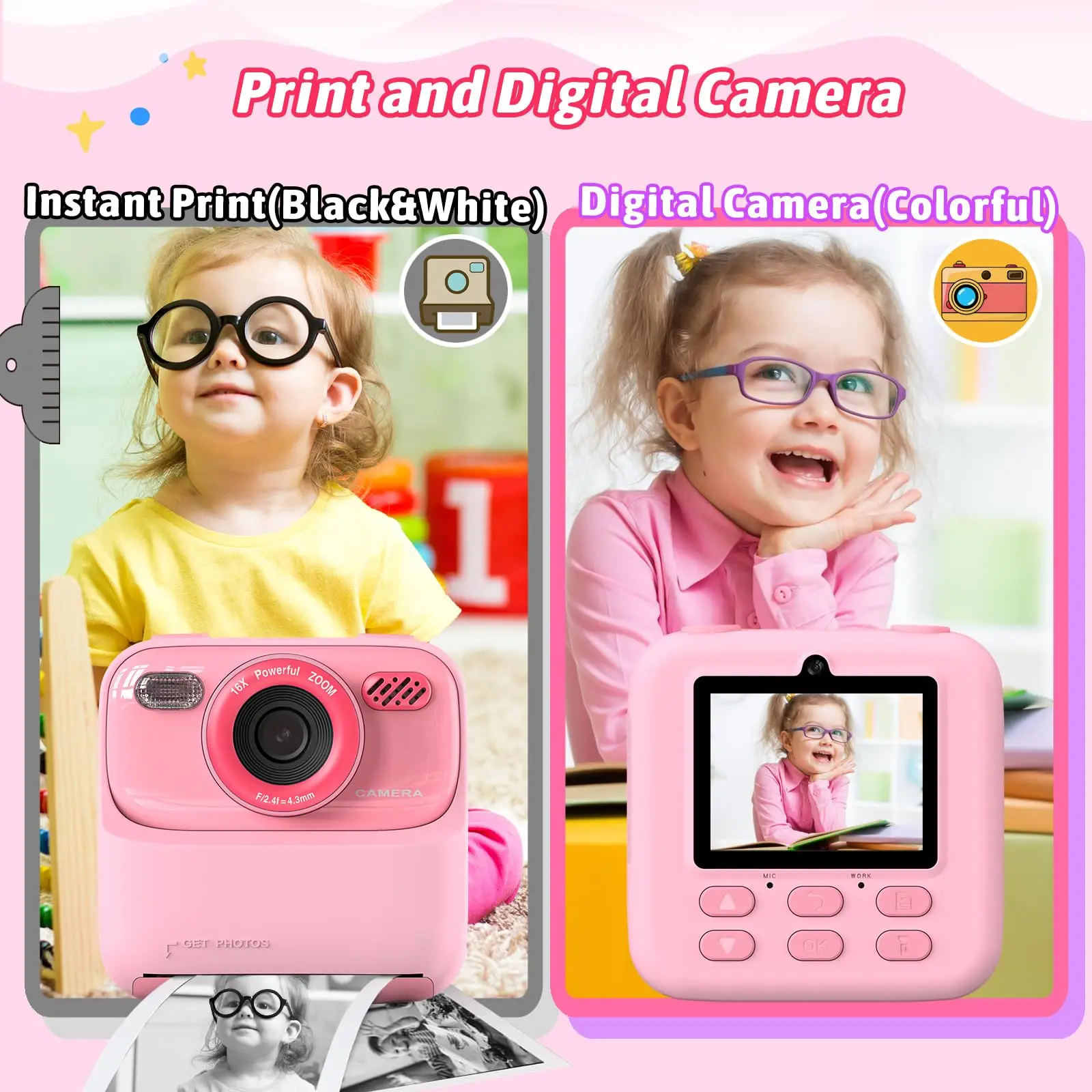 Kids Digital Camera 1080P Vedio Thermal Instant Print Camera With 32G For Girls Boys Age 3-12 Best Christmas Birthday Gifts