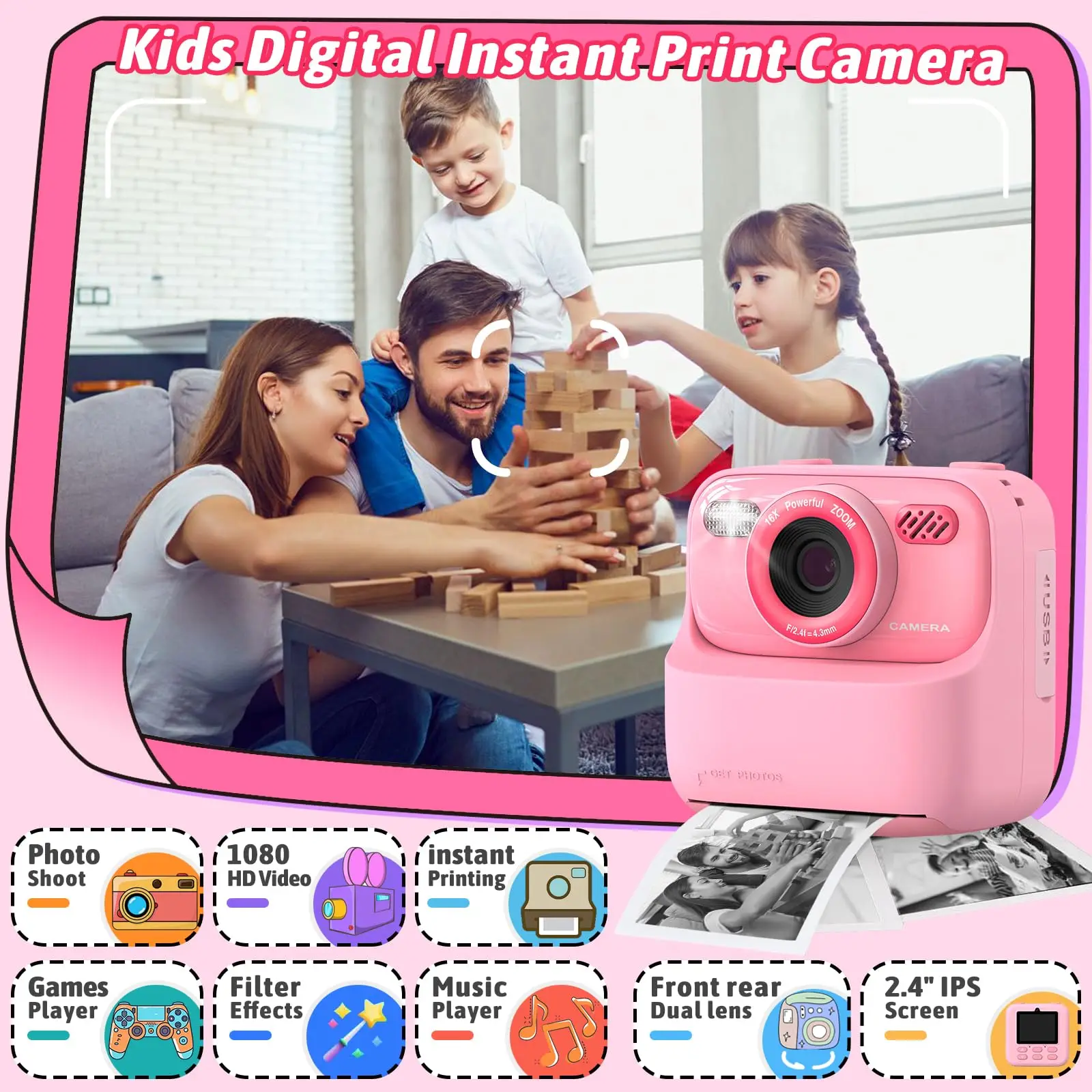 Kids Digital Camera 1080P Vedio Thermal Instant Print Camera With 32G For Girls Boys Age 3-12 Best Christmas Birthday Gifts