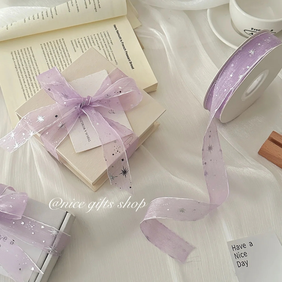 Silver Star Glitter Snow Gauze Ribbon Flower Wrapping Ribbon DIY Hair Accessories Bow Ribbons Holiday Gift Decoration Christmas