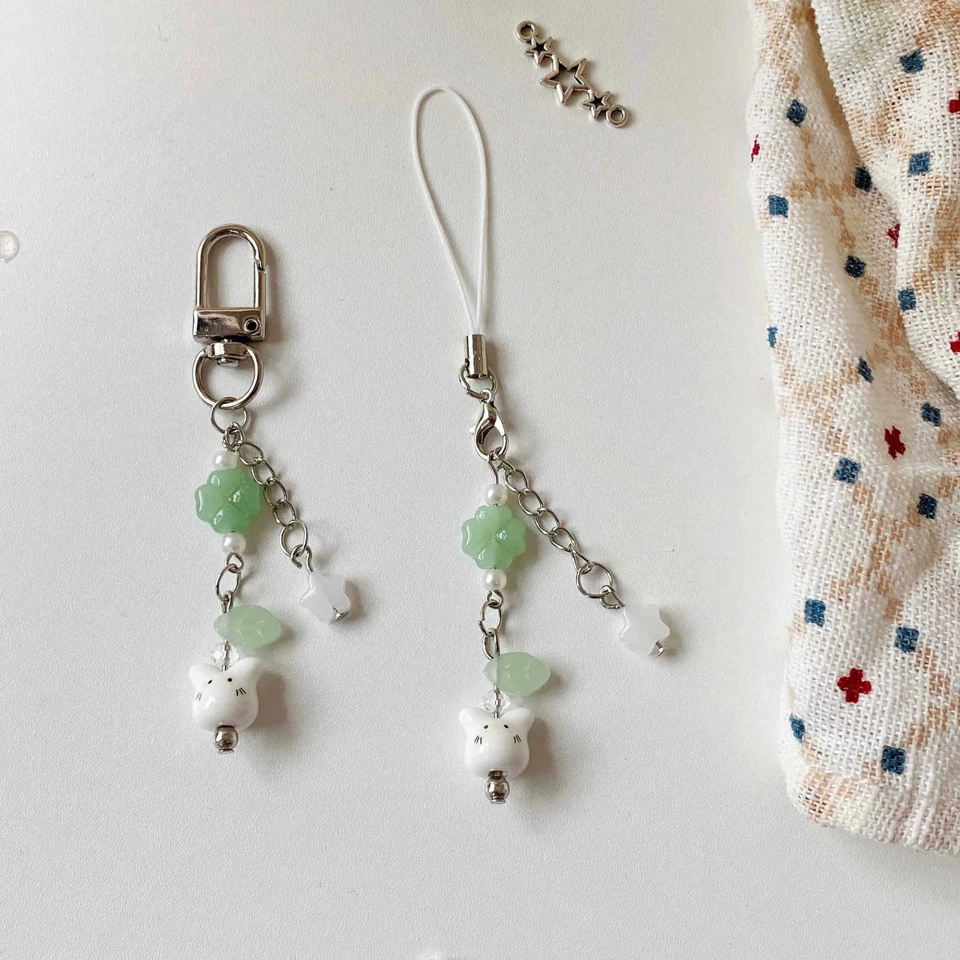 Handmade Four Leaf Clover Beaded Phone Charm Y2K Cute Ceramics Cat Backpack Keychain Bag Key Ring for Girls Christmas Gift