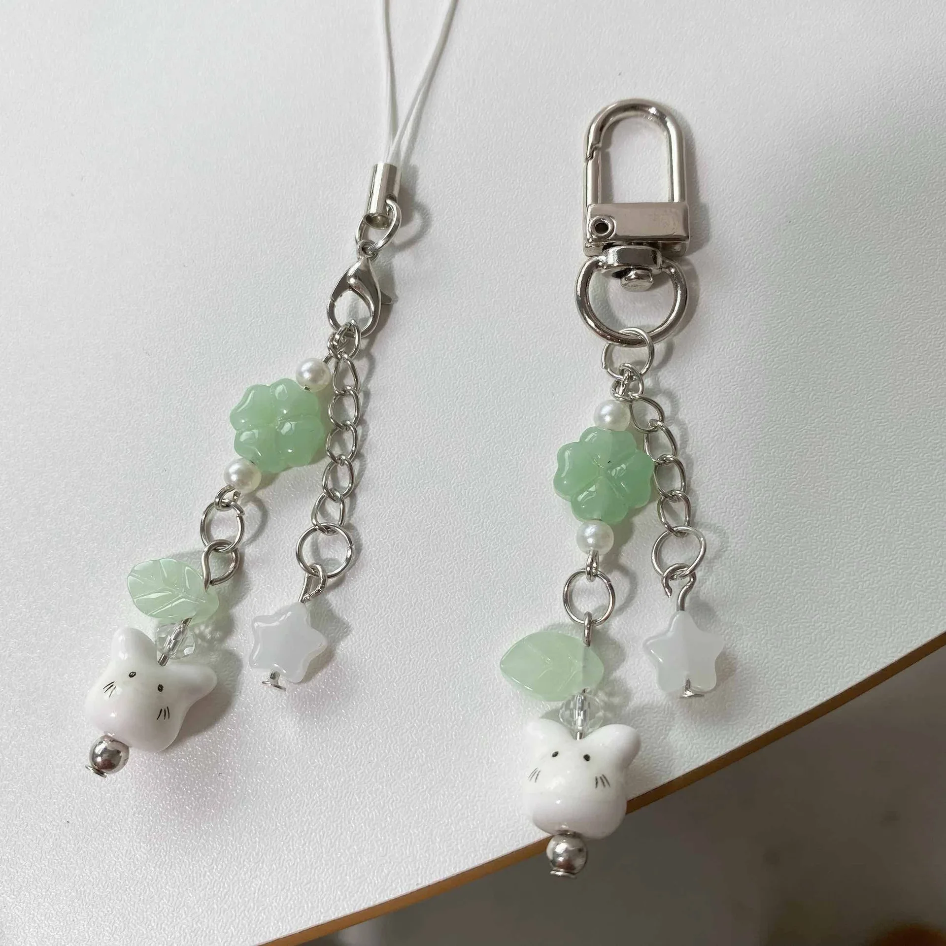 Handmade Four Leaf Clover Beaded Phone Charm Y2K Cute Ceramics Cat Backpack Keychain Bag Key Ring for Girls Christmas Gift