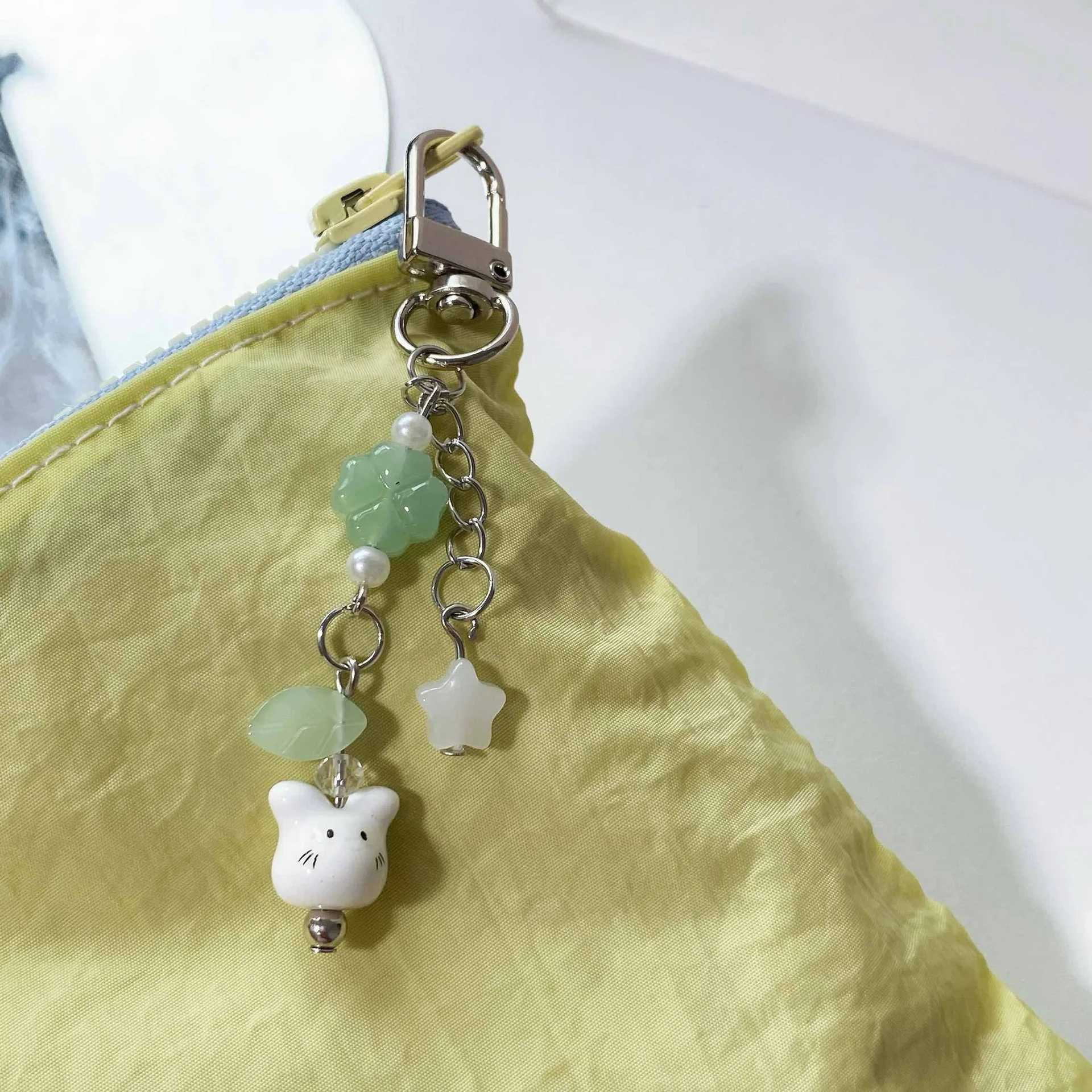 Handmade Four Leaf Clover Beaded Phone Charm Y2K Cute Ceramics Cat Backpack Keychain Bag Key Ring for Girls Christmas Gift