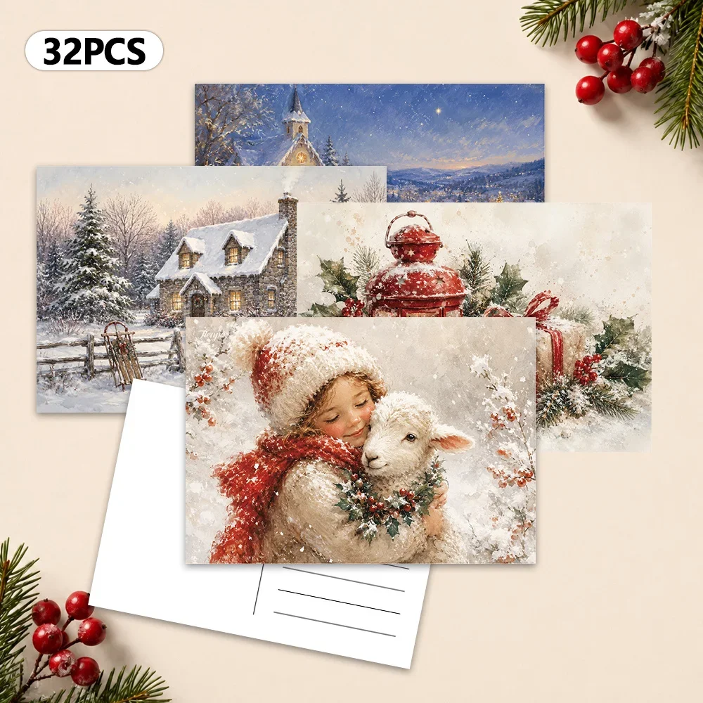 32pcs, Winter Christmas Postcards, Wall Stickers, Mailing Cards, Greeting Cards, DIY Postcards, Commemorative Postcards,