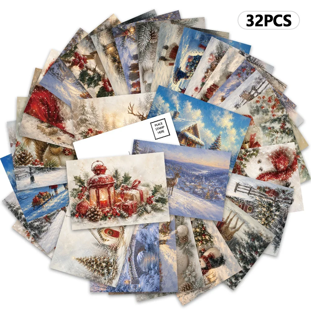 32pcs, Winter Christmas Postcards, Wall Stickers, Mailing Cards, Greeting Cards, DIY Postcards, Commemorative Postcards,