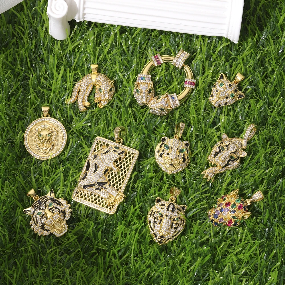Juya Micro Pave Zircon 18K Real Gold Plated Luxury Animal Panther Lion Leopard Charms For DIY Christmas Pendant Jewelry Making