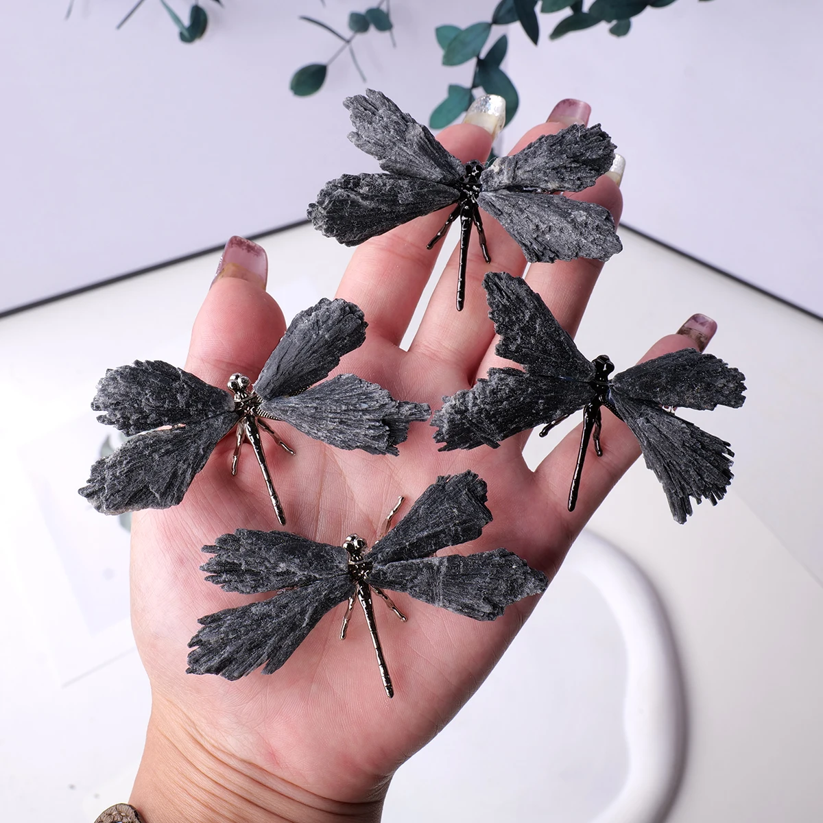 1PC Natural Crystal Mini Black Tourmaline Feathered Dragonfly Creative Handicraft Jewelry Halloween Christmas Gift