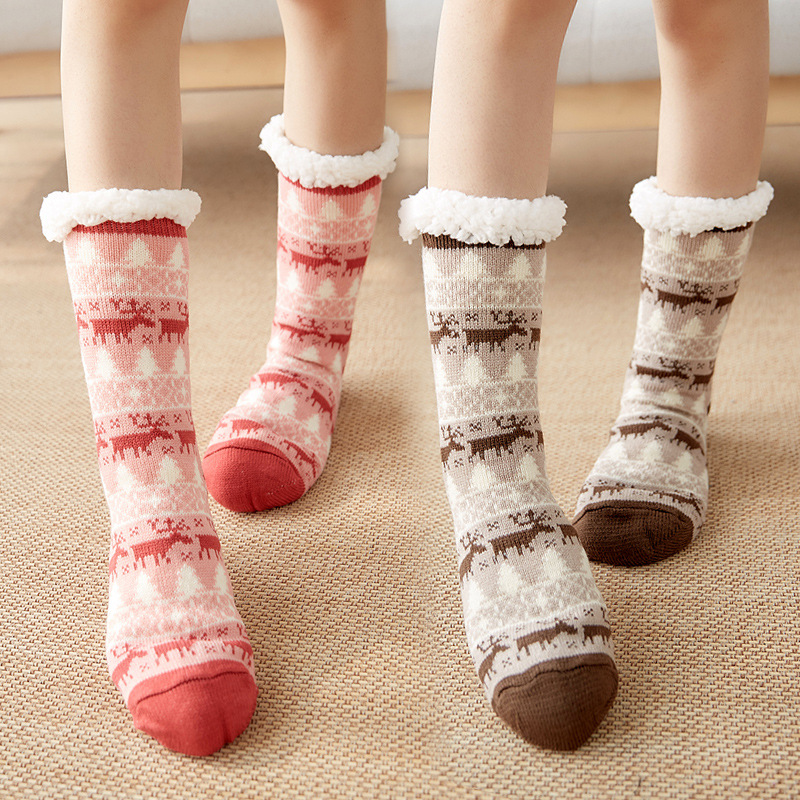 Winter Warm Socks Women penguin Plush Soft Female Non Slip Floor Slippers Short Sock Fuzzy Fluffy Deer Elk Bear Christmas Gift