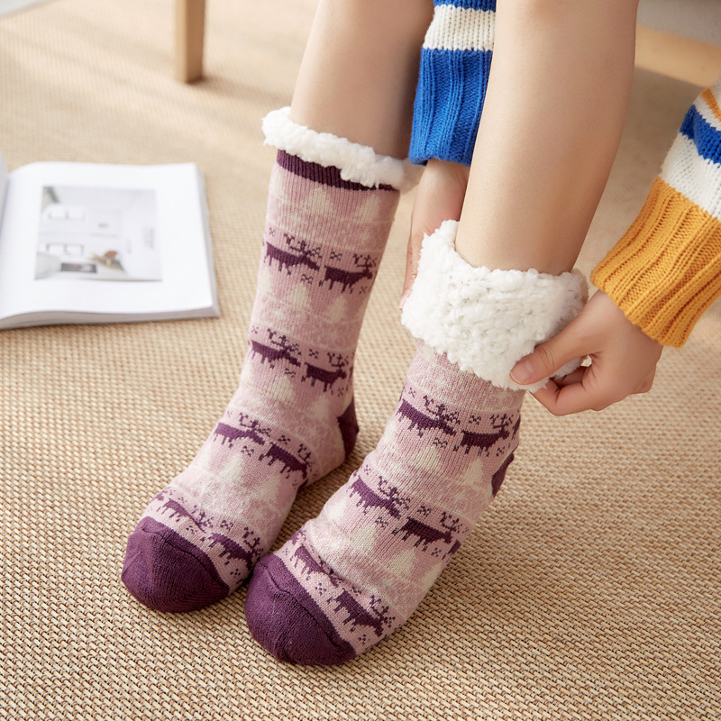 Winter Warm Socks Women penguin Plush Soft Female Non Slip Floor Slippers Short Sock Fuzzy Fluffy Deer Elk Bear Christmas Gift