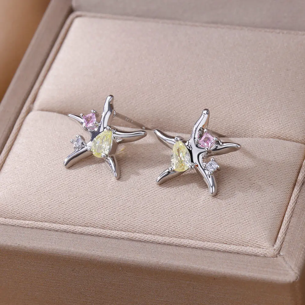 Water Drop Zircon Stars Stud Earrings For Women Stainless Steel Gold Color Statement Earring 2023 Femme Christmas Jewelry Gift