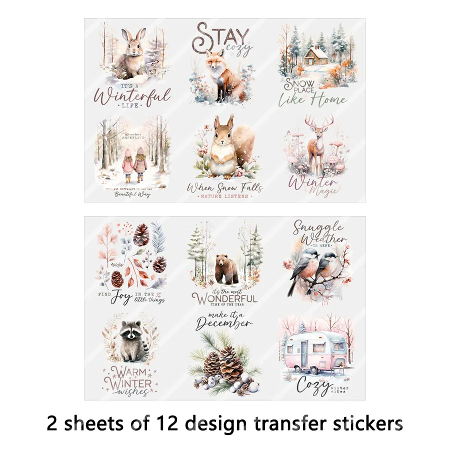 2pcs Winter Christmas Forest Animal DIY UV DTF Rub On Transfer Stickers Tumbler Glass Cup Can Wrap Card Xmas Tree Ornament Decor