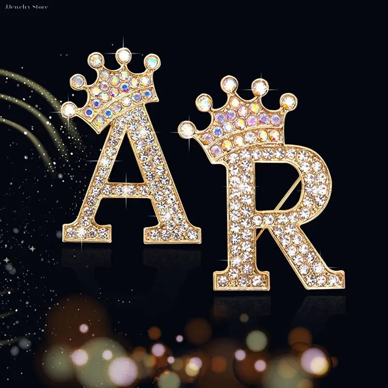New 26 Letters A-Z Brooch Rhinestones Crystal Gold Color English Alphabet Metal Pins Cute Jewelry Accessories Christmas Gift