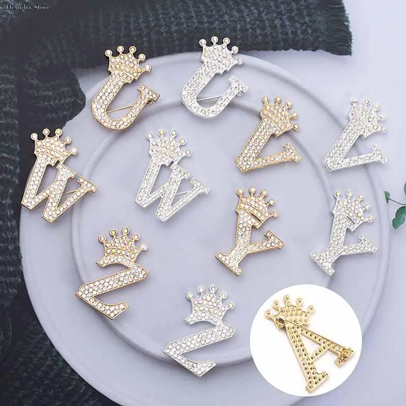 New 26 Letters A-Z Brooch Rhinestones Crystal Gold Color English Alphabet Metal Pins Cute Jewelry Accessories Christmas Gift