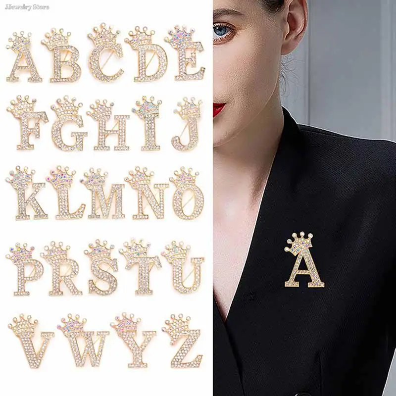 New 26 Letters A-Z Brooch Rhinestones Crystal Gold Color English Alphabet Metal Pins Cute Jewelry Accessories Christmas Gift