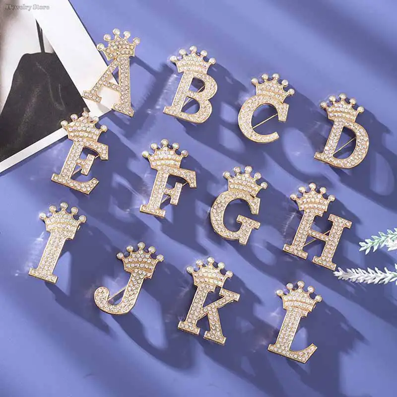 New 26 Letters A-Z Brooch Rhinestones Crystal Gold Color English Alphabet Metal Pins Cute Jewelry Accessories Christmas Gift