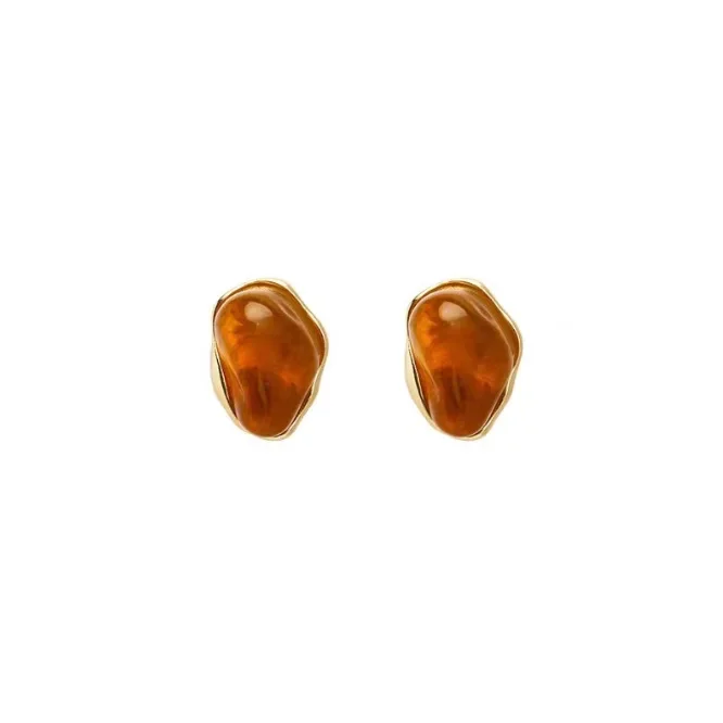 Maillard French Amber Color Irregular Geometric Stones Stud Earrings for Women Simple Unique Girl Jewelry Christmas Gift