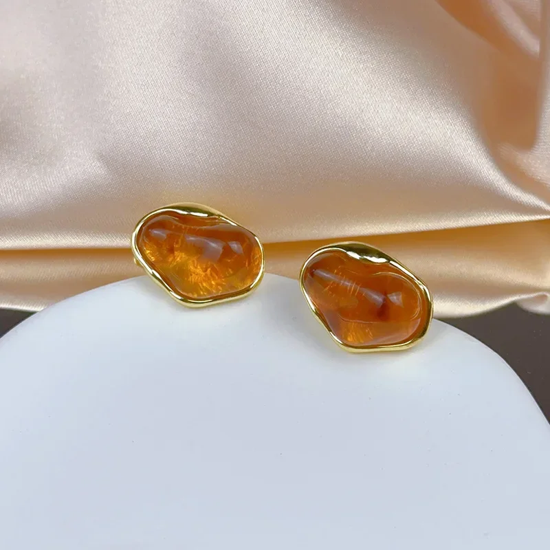 Maillard French Amber Color Irregular Geometric Stones Stud Earrings for Women Simple Unique Girl Jewelry Christmas Gift