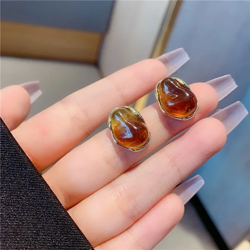 Maillard French Amber Color Irregular Geometric Stones Stud Earrings for Women Simple Unique Girl Jewelry Christmas Gift