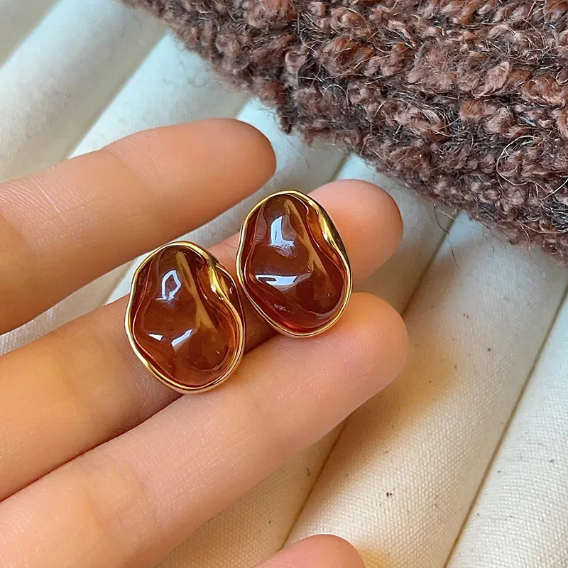 Maillard French Amber Color Irregular Geometric Stones Stud Earrings for Women Simple Unique Girl Jewelry Christmas Gift