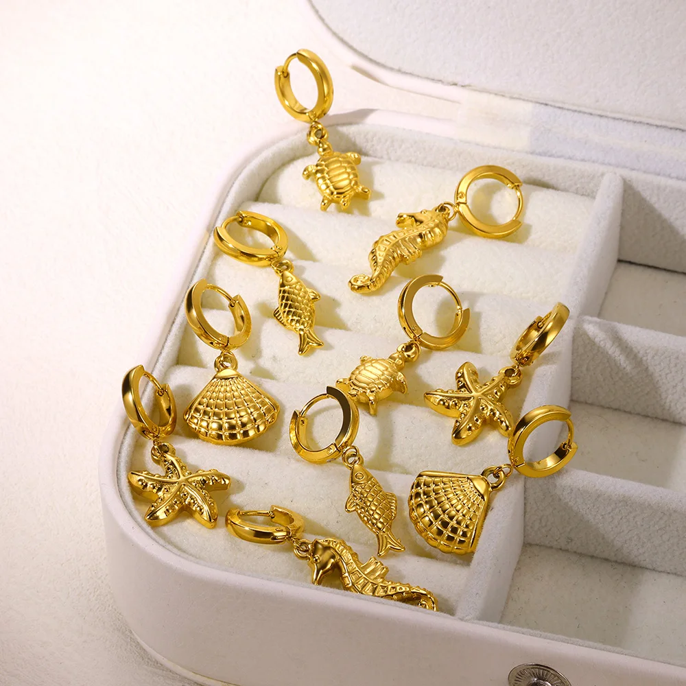 Freshwater Ocean Starfish Shell Hoop Earrings for Women Elegant Stainless Steel Gold Color Aretes Christmas Jewelry Accessories