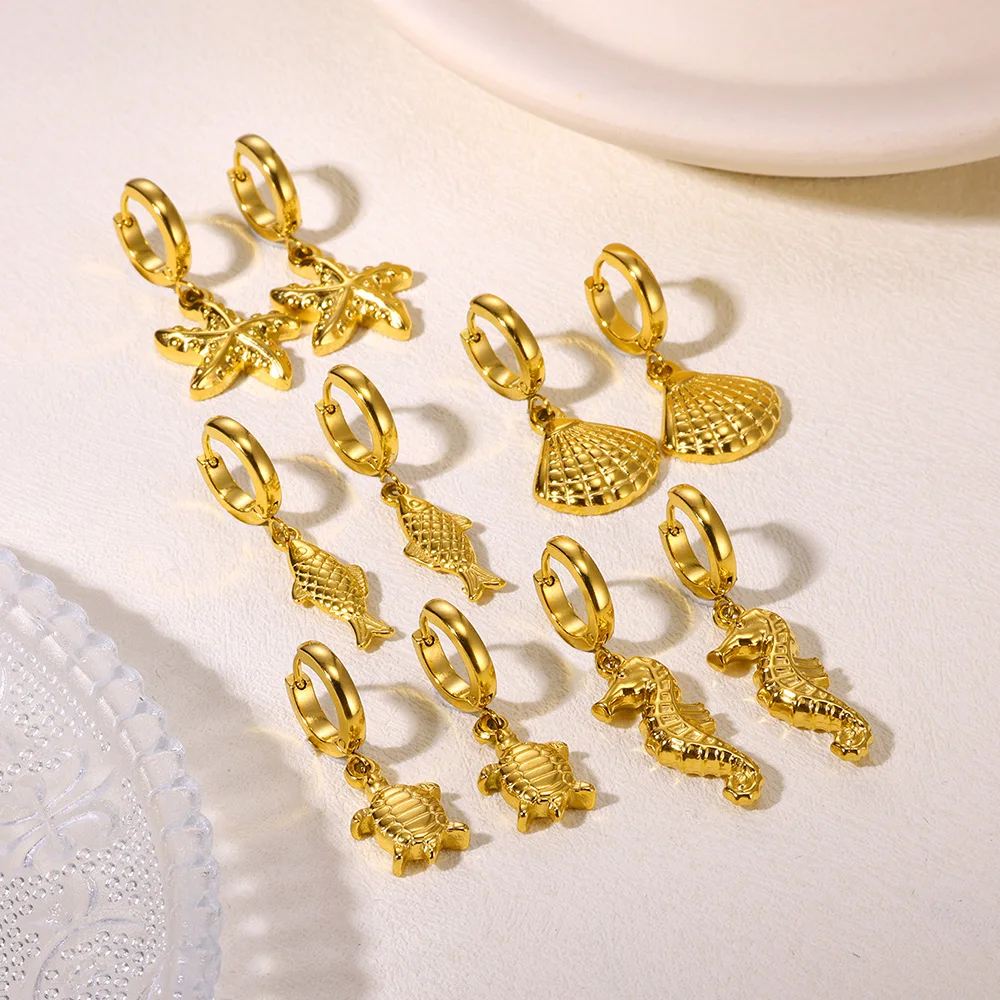 Freshwater Ocean Starfish Shell Hoop Earrings for Women Elegant Stainless Steel Gold Color Aretes Christmas Jewelry Accessories