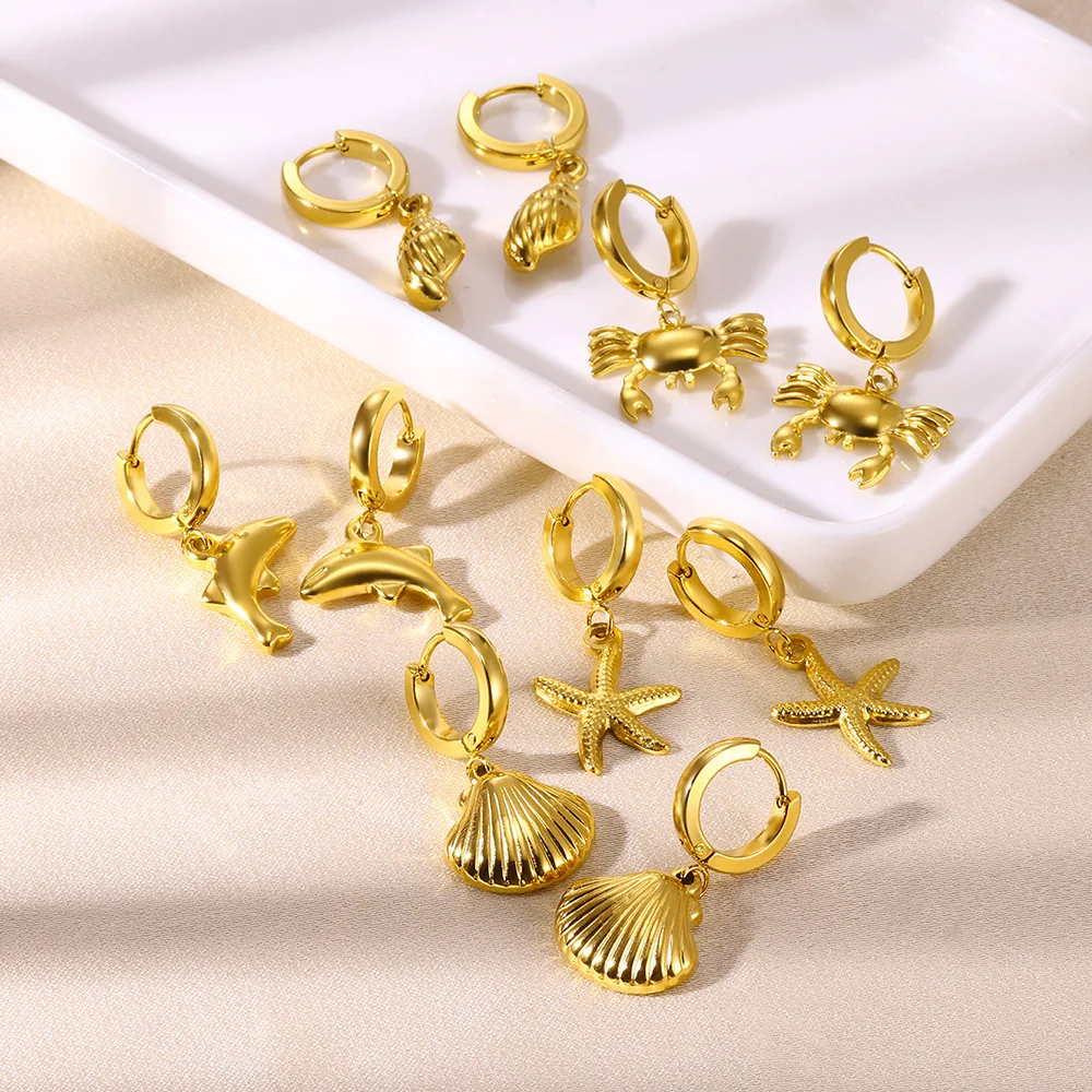 Freshwater Ocean Starfish Shell Hoop Earrings for Women Elegant Stainless Steel Gold Color Aretes Christmas Jewelry Accessories