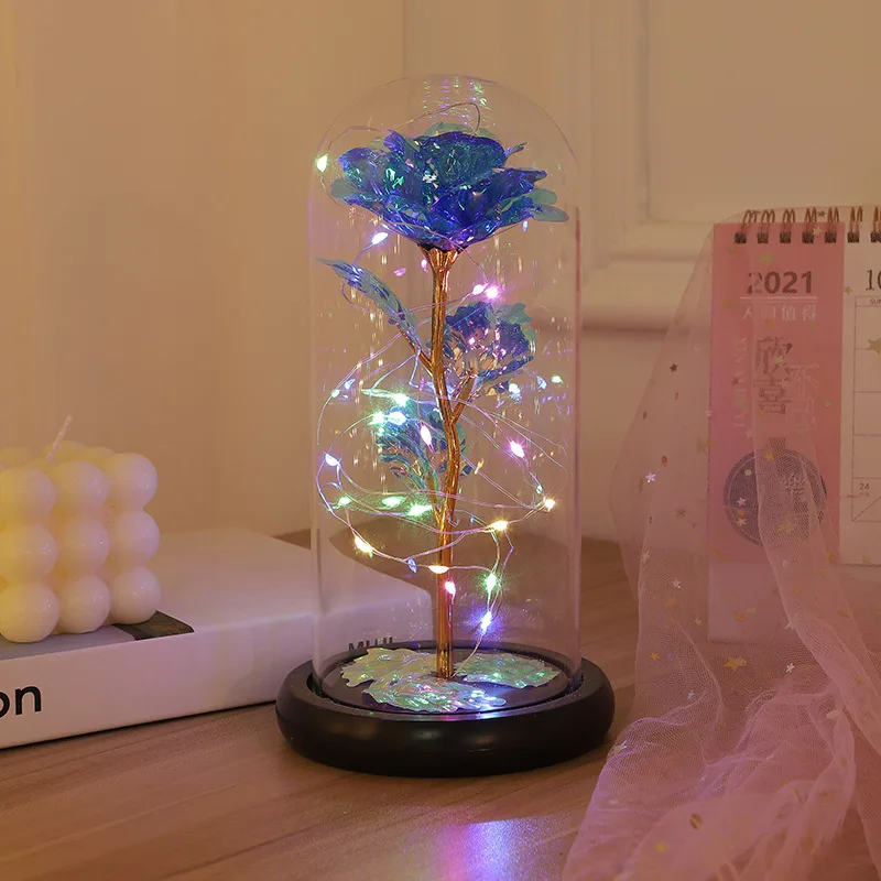 Artificial Glass Flower with Eternal Rose of the LED Light for Women Beauty and Beast Rose Birthday Gifts for Girls Christmas