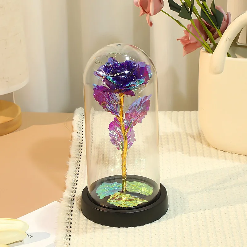 Artificial Glass Flower with Eternal Rose of the LED Light for Women Beauty and Beast Rose Birthday Gifts for Girls Christmas