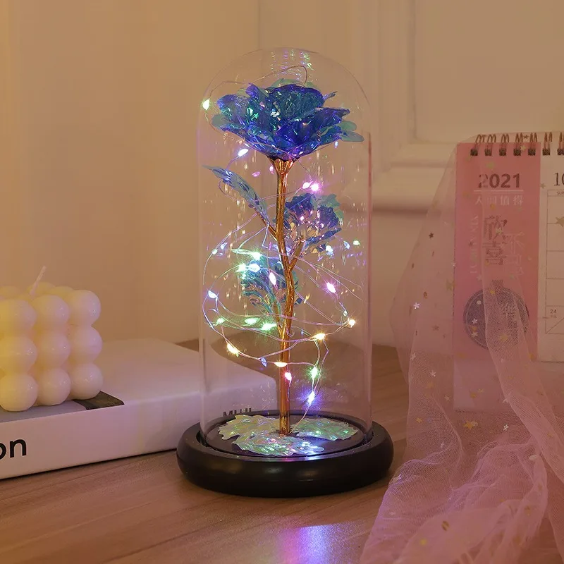 Artificial Glass Flower with Eternal Rose of the LED Light for Women Beauty and Beast Rose Birthday Gifts for Girls Christmas