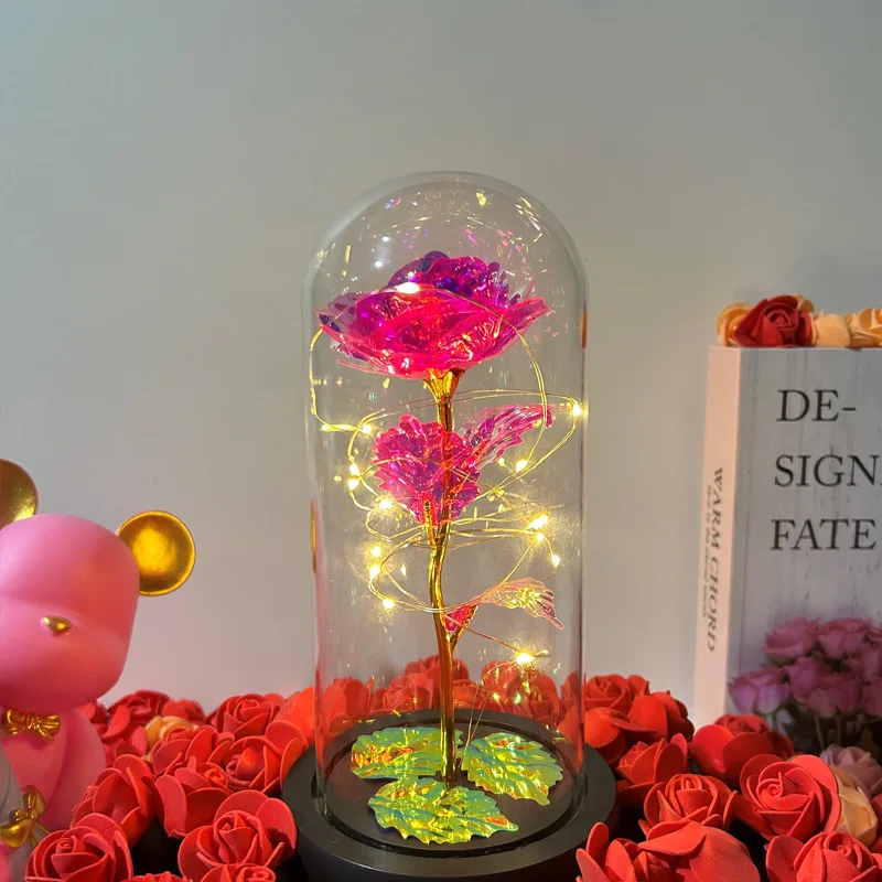 Artificial Glass Flower with Eternal Rose of the LED Light for Women Beauty and Beast Rose Birthday Gifts for Girls Christmas