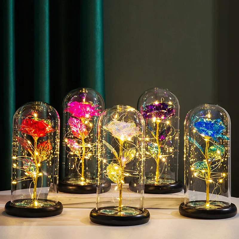Artificial Glass Flower with Eternal Rose of the LED Light for Women Beauty and Beast Rose Birthday Gifts for Girls Christmas
