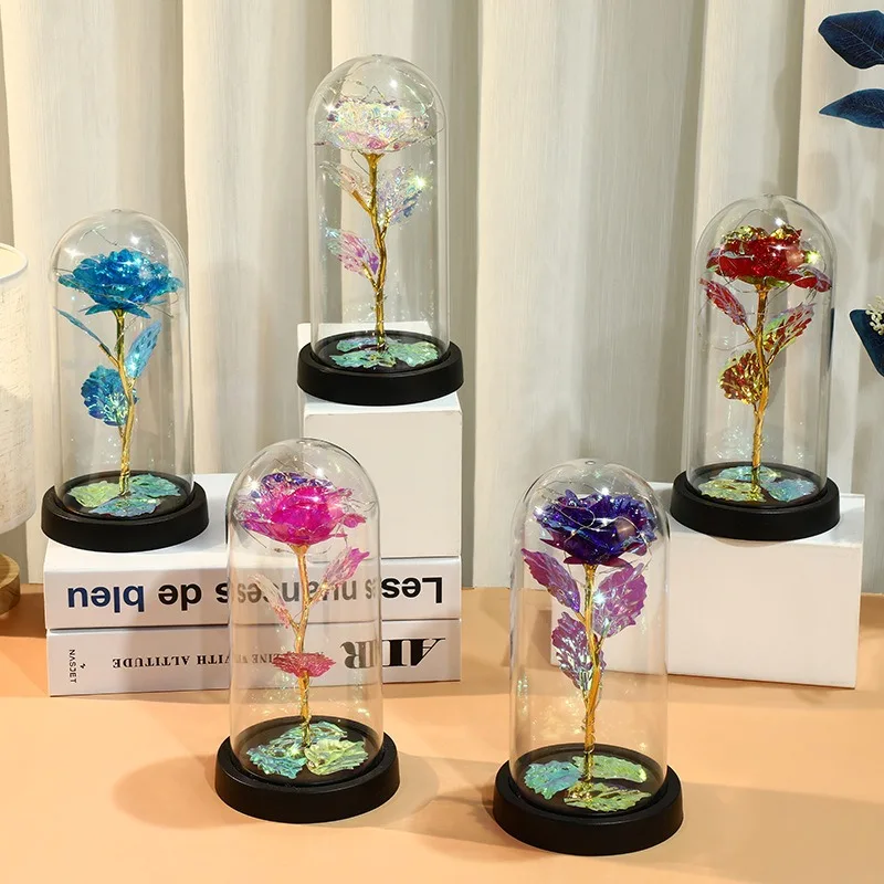 Artificial Glass Flower with Eternal Rose of the LED Light for Women Beauty and Beast Rose Birthday Gifts for Girls Christmas