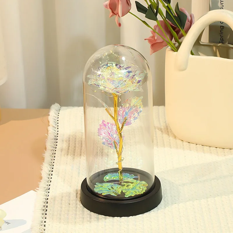 Artificial Glass Flower with Eternal Rose of the LED Light for Women Beauty and Beast Rose Birthday Gifts for Girls Christmas